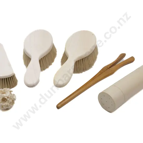 Three Ivory Backed Brushes with Puzzle Ball and Hatpin Holder with Collar Stiffeners etc