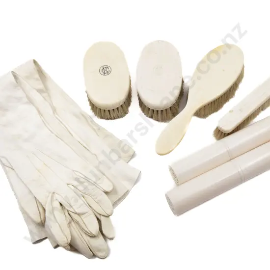 Four Ivory Backed Brushes and Two Ivory Hat Pin Holder and Two Pairs of Kid Gloves