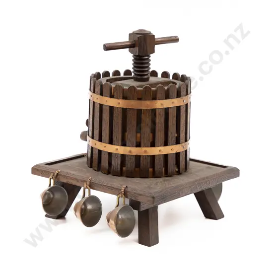 Small Wooden Model Wine Press with Six Copper Tasting Cups