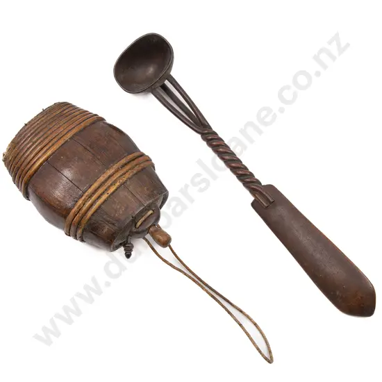 C19th Wooden Punch Ladle and Wicker Bound Oak Flask