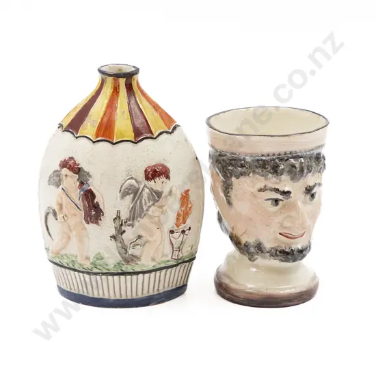 Small Cherub Decorated Flask and Mug (faults)