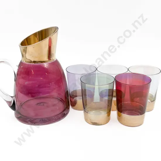 Cranberry Glass Carafe Together With Five Luster Glasses