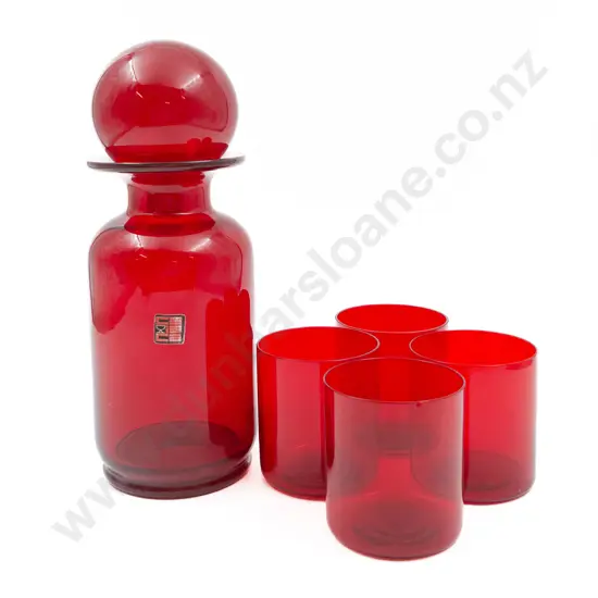 Mid Century Ruby Glass Decanter With Four Matching Tumblers