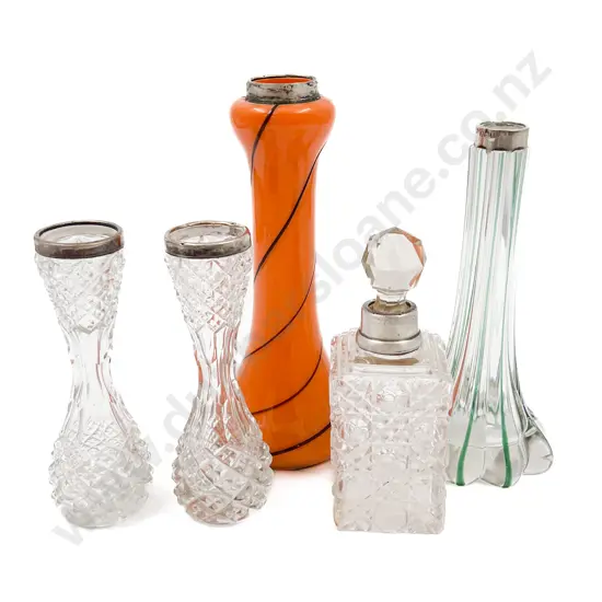 Quantity of Assorted S/S Rimmed Spill Vases Together With Small Decanter (Chip to Stopper)