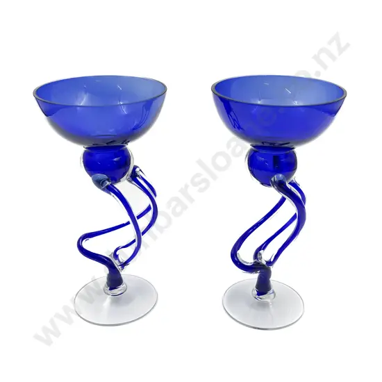 Pair of Blue Art Glass Wine Goblets