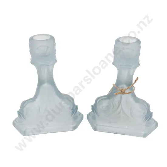 Pair of Frosted Blue Depression Glass Candlesticks