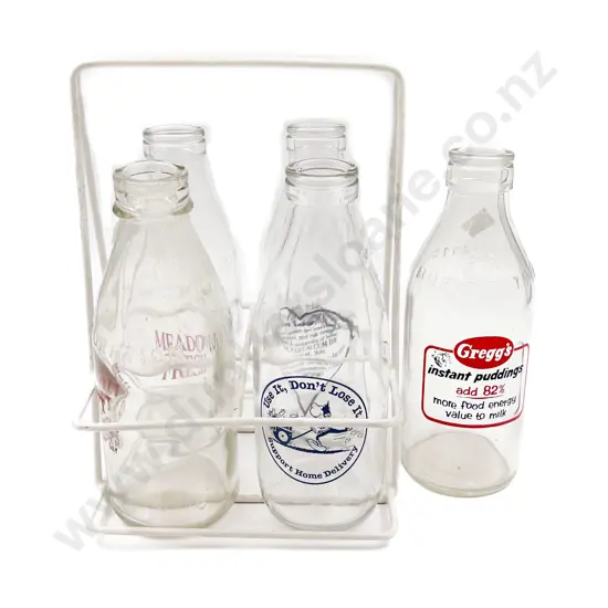 Five Assorted Vintage Glass Milk Bottles Together With Bottle Holder