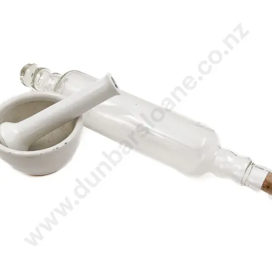 Pyrex Corked Glass Rolling Pin Together With Mortar and Pestle