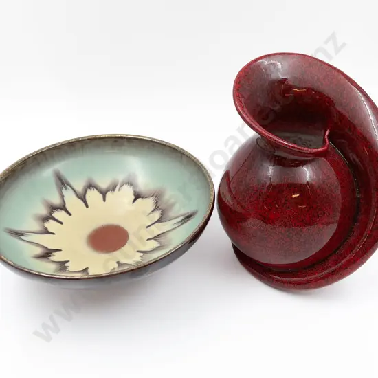 German Pottery Fruit Bowl Together With Decorative Red Speckle Glazed Vase