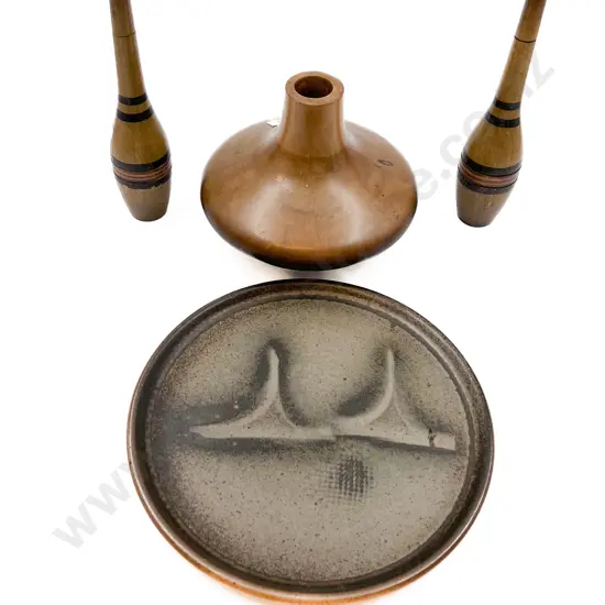 Turned Wood Vase Together With Two Vintage Skittles on Pottery Plate