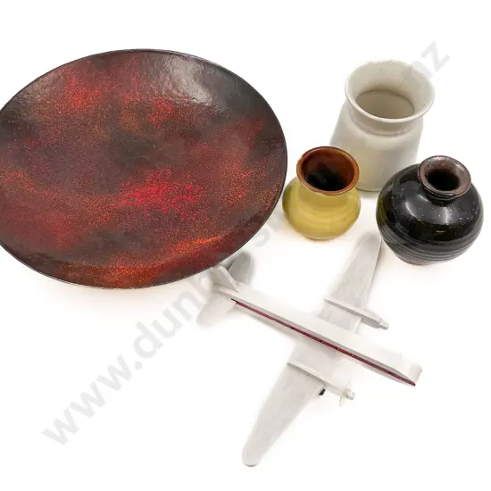 Two Small Crown Lynn Pots Other Vase On Footed Enamel Plate hand craft wooden plane