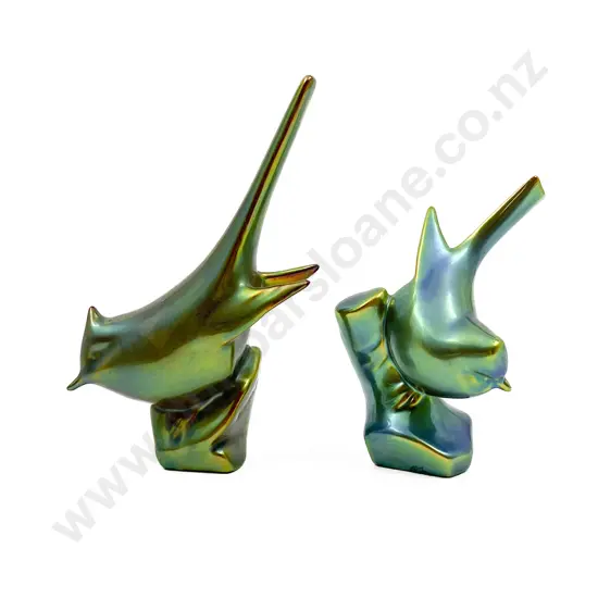 Two Zsolnay Green Luster Bird Ornaments