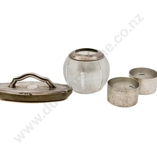 S/S Rimmed Ink Well With Two S/S Napkin Rings and Other S/S Item