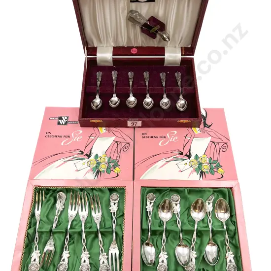 Cased S/S Teaspoon Set Together With Tongs (7) and Two Cased Plated Teaspoon Sets