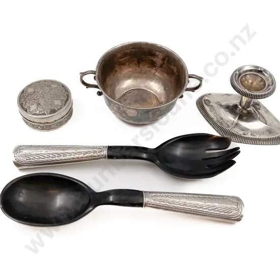 Silver Candlestick With Silver Handled Salad Servers and Two Other Assorted Silver Pieces