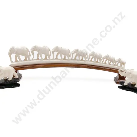 Bone Figured Group Carving of Graduated Elephants Together with Two Other Elephant Carvings