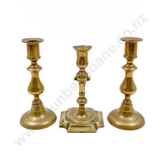 C18th Dutch Brass Candle Stick Together with Pair of Victorian Brass Candle Sticks
