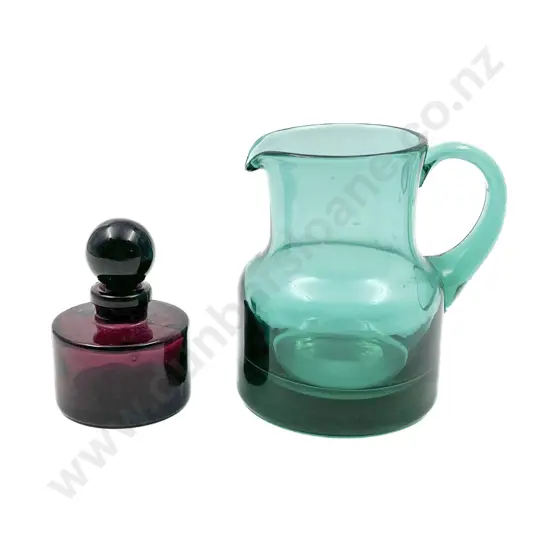 Victorian Blue Art Glass Jug Together with Small Cranberry Glass Decanter