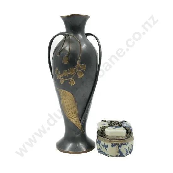 Small Silver Bound Blue and White Ceramic Lidded Trinket Box Together with Decorative Vase