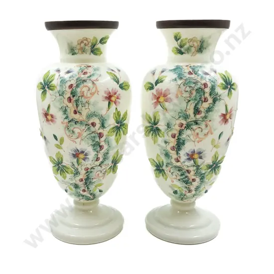 Pair of Floral Painted Frosted Glass Vases