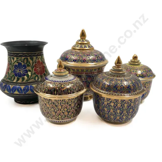 Four Decorative Ceramic Lidded Dishes Together With Cloisonne Vase