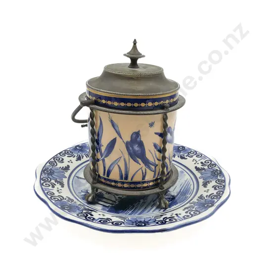 Metal Bound Ceramic Jar on Delft Plate