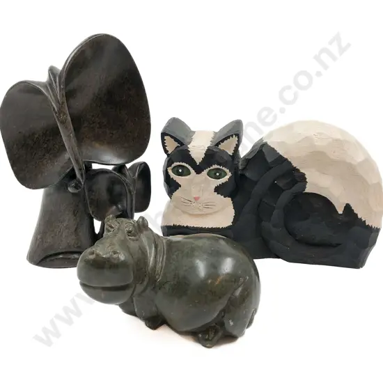 Two Hardstone Animal Ornaments Together with Carved Cat Ornament