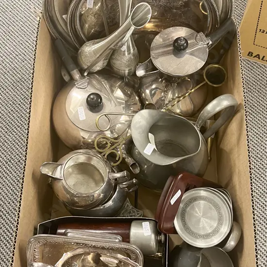 Box of Assorted Pewter and Silver Plate