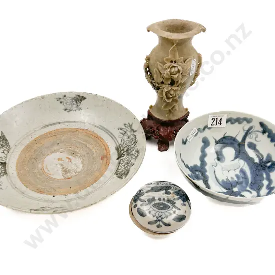 Two Provincial Ming Bowls with Pot (Faults) and Hardstone Vase (Faults)