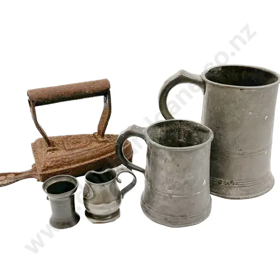 Two Pewter Tankards Together with Vintage Iron and Trivet Etc