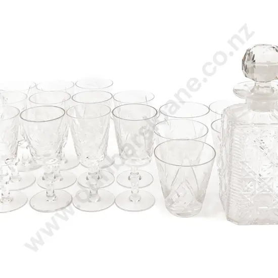 Crystal Decanter and Assorted Drinking Glasses