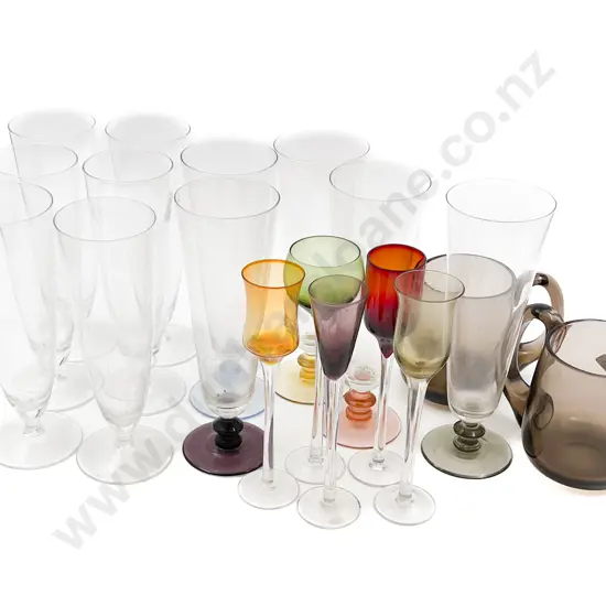 Qty of Glassware Including Pair of Whitefriars Smoked Glass Mugs and Stemmed Liqueur Glasses