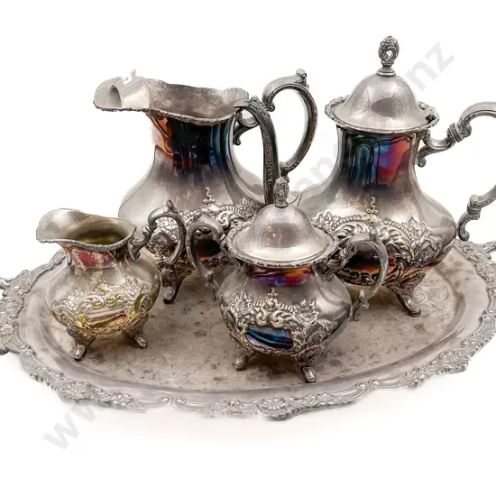 Four Piece Plated Tea Service On Large Double Handled Tray