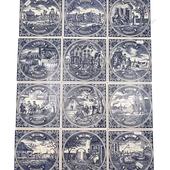 12 Delft Blue and White Tiles Together With Commemorative Plate