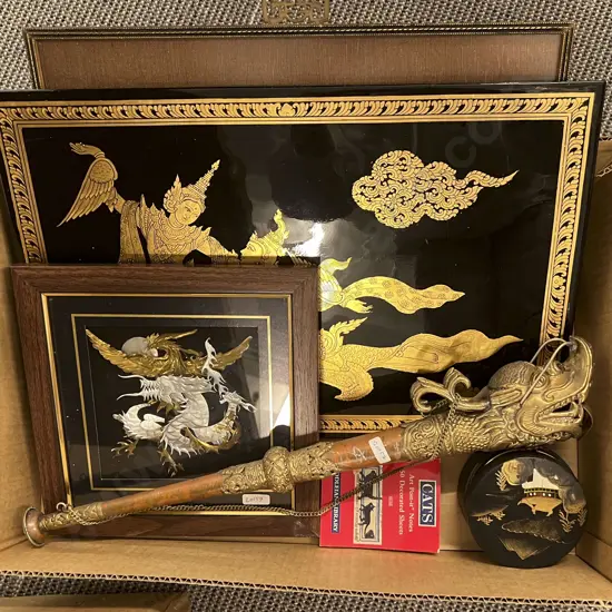 Box of Assorted Asian Items Including Decorative Dragon Horn and Lacquered Trinket Box