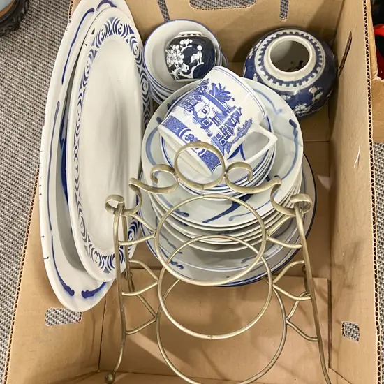 Box of Assorted Blue and White China and Enamel
