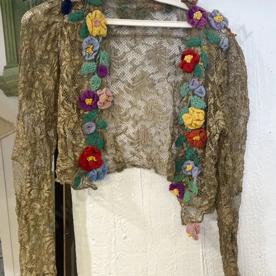 Vintage Lace Cardigan With Knitted Floral Embellishments