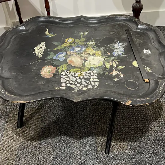 Victorian Inlaid Lacquered Tray on Folding Base (Faults)