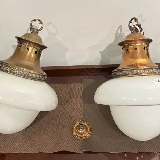 Pair of Copper Ceiling Lights with Frosted Glass Shades