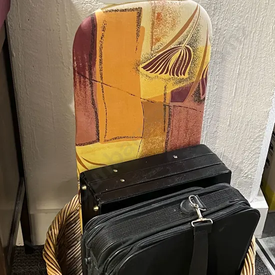 Wicker Basket with Small Ironing Board and Leather Brief Case Etc