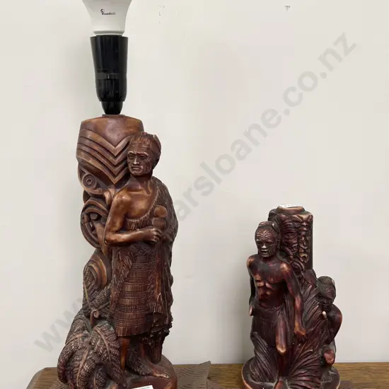 Carved Maori Table Lamp Together with Similar Group Figure