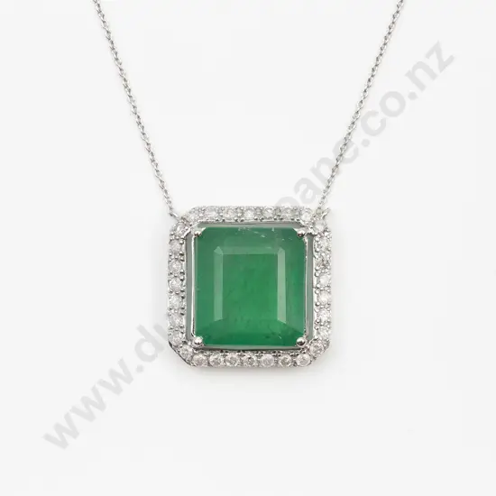 14ct White Gold Emerald and Diamond Pendant on Chain