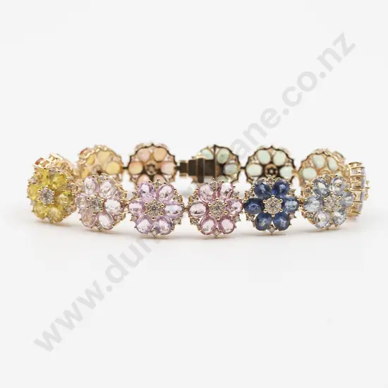 14ct Mixed Coloured Sapphire and Diamond Floret Cluster Bracelet