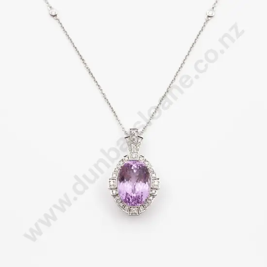 14ct White Gold Kunzite and Diamond Pendant