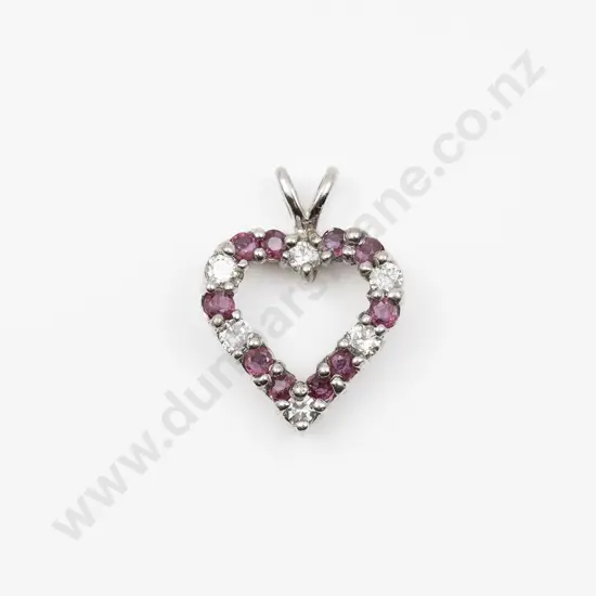 14ct White Gold 15stone Ruby and Diamond Heart Pendant