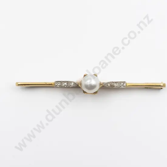 18ct & Platinum Cultured Pearl and Diamond Bar Brooch