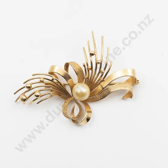 Mid C20th 18ct Single Pearl Spray Brooch