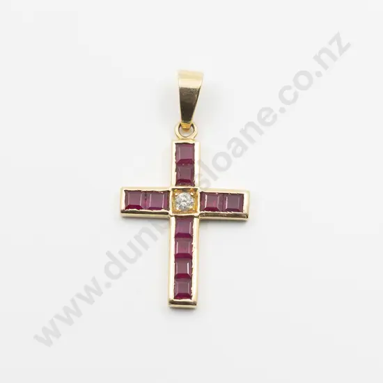 18ct Eleven Stone Ruby and Diamond Cross Pendant