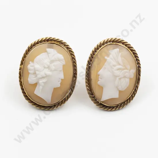 Pair Victorian 14ct Classical Cameo Portrait Earrings
