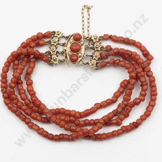 Victorian Four Strand Red Coral Uniform Bead Bracelet